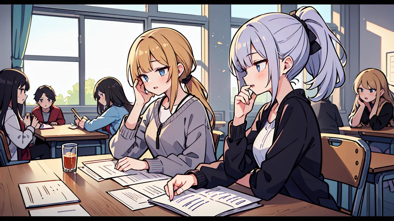 (masterpiece, best quality),Women with different faces and hairstyles, different hair colors, different faces, ponytail, letterboxed, perfection of fashion,chapped lips, casual attire, upper body, from the side,University Classroom, The interior has a modern design,study at the table, eyes look at the note, together, stylish outfit,