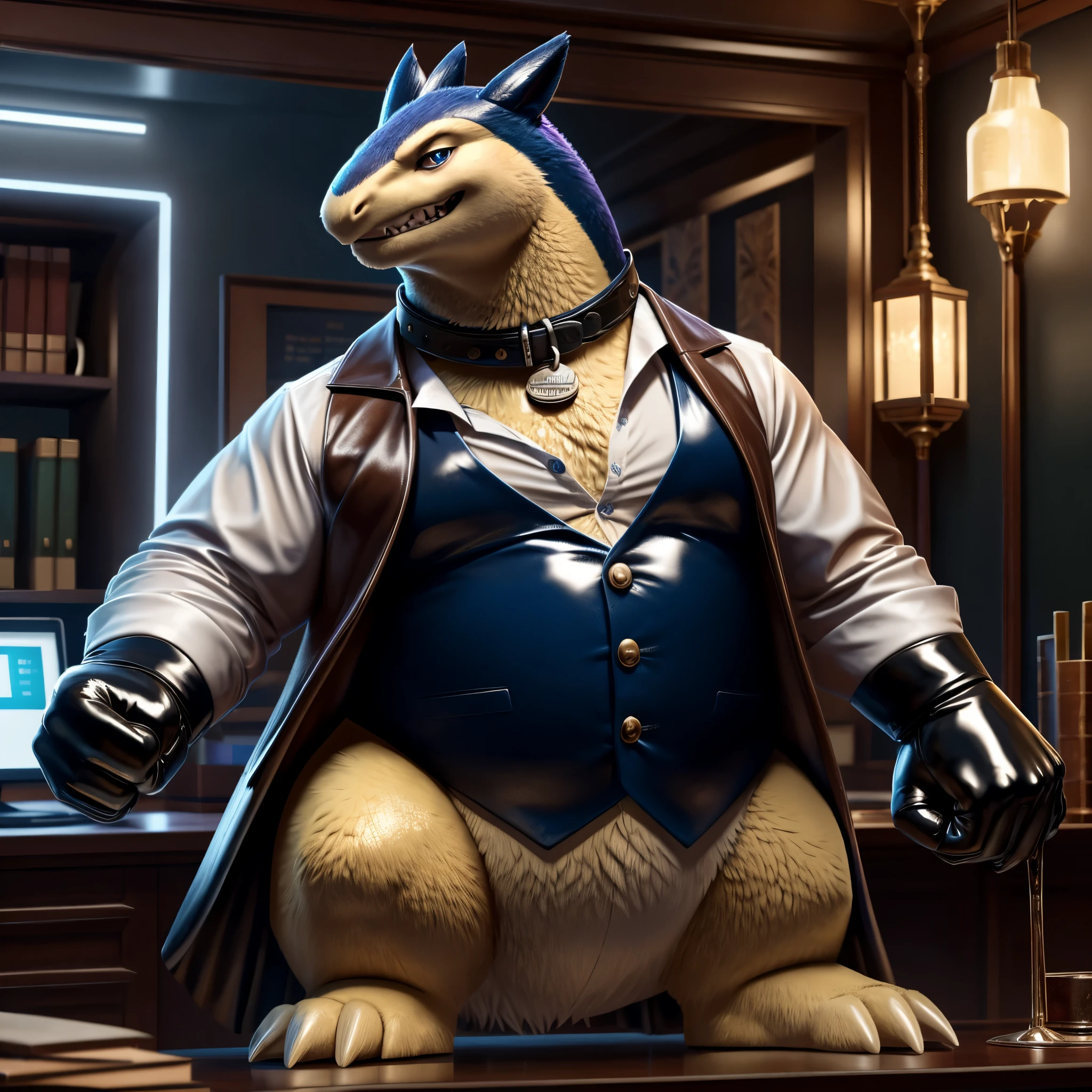 Male, fat, extremely obese, gentleman, dapper Professor Typhlosion, blue eyes, (posing:1.3), (soft shading), 4k, hi res, ((detailed face, detailed)), looking at viewer, mouth wide open, steampunk, dapper clothing, collared shirt with buttons, top hat, male focus, Explorer Outfit, glasses, monocle, vest with buttons, sleeves rolled up, round eyewear, brown headwear, brown vest, office, Typhlosion is wearing a glossy leather dog collar around the neck, Typhlosion is wearing the leather collar and shirt and vest at the same time, Typhlosion is wearing glossy white rubber gloves on the hands, wearing white rubber gloves on the feet, gloves are rubber in texture, clenching teeth, clenching fists, leather collar is glossy and shiny with a lot of detail, Typhlosion is wearing gloves and leather collar at the same time, leather collar has a round dog-tag, leather collar is thick and detailed, leather collar is glossy and shiny, fancy clothing, dapper vest, dapper shirt, leather collar is thick, glossy leather collar, a second male Typhlosion in the same attire helping the fat Typhlosion get dressed.