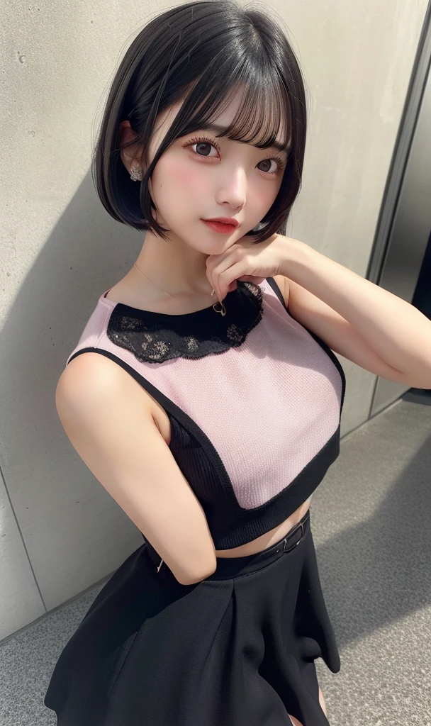 1girl,black hair,short hair,dress pink,realistic,ultra detail,70mm less