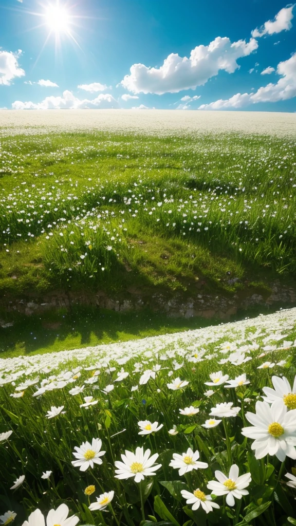 White flowers, a field full of flowers, sky, sparkling, light, fantastic, dream, magic, fleeting 
