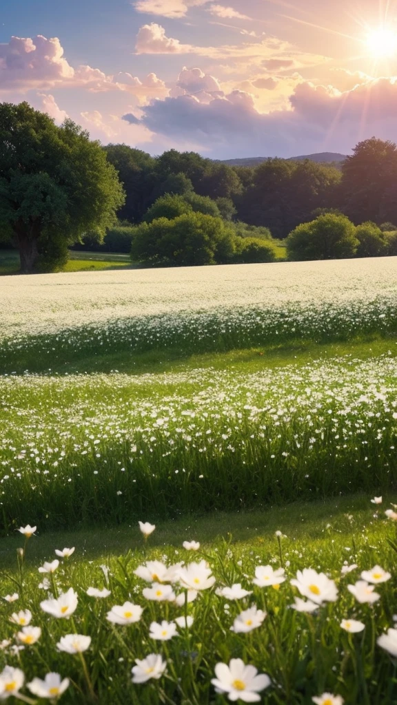 White flowers, a field full of flowers, sky, sparkling, light, fantastic, dream, magic, fleeting 