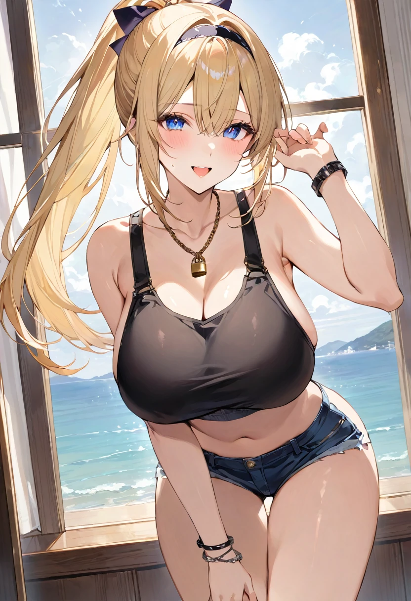 masterpiece, best quality, ultra detailed, detailed eyes, sparkling eyes, (nsfw), nude, huge breasts, The image depicts an anime-style character with a vibrant and expressive appearance. She has long blonde hair styled in a high ponytail, secured with a black hairband. Her bright blue eyes are striking and exude a cheerful and lively demeanor. The character is wearing a black tank top that accentuates her figure and reveals her midriff, adding to her casual and energetic look. She is accessorized with a chunky, silver chain necklace that has a padlock pendant, giving her a slightly edgy appearance. Her wrists are adorned with black and gold bracelets, complementing her overall style. The character is positioned in a room with a large window that allows natural light to flood in, casting soft shadows and enhancing the warm, inviting atmosphere. Her pose is dynamic and engaging, as she appears to be leaning forward on her hands, suggesting a moment of interaction or playfulness. The background of the room is minimally detailed, with a focus on the character herself, ensuring that she remains the central element of the image. Overall, the image captures a sense of youthful energy and charm through its detailed and vibrant illustration style.