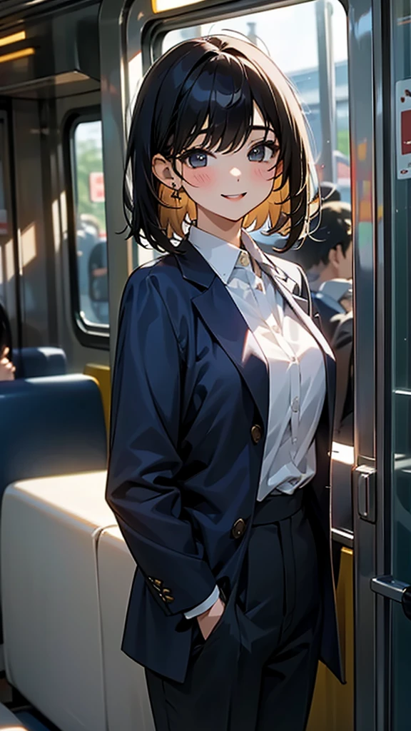 One girl, he is short、10th Generation、There is a childishness、young、solo, High resolution, Long Hair, smile, Shortcuts, Black Hair,short hair、 Simple Background, accessories, Earrings, Anatomically correct, Soft Light, Textured skin, Office Style、Navy jacket、Pants Style、set up、White chiffon blouse、beautiful girl、Inside the train、