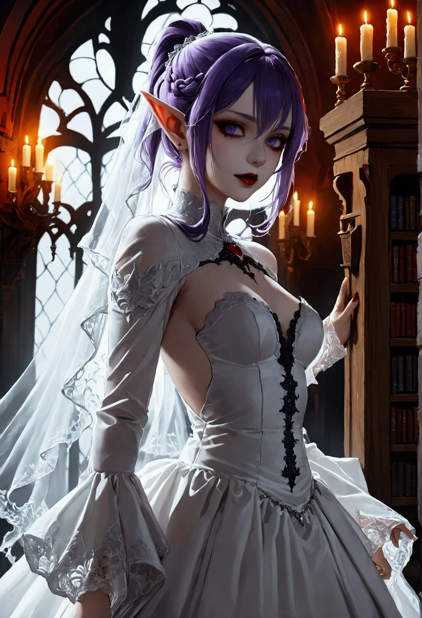 arafed a picture of elf vampire in her castle. an exquisite beautiful female elf vampire (ultra details, Masterpiece, best quality), bloody mouth, purple hair, pale skin, hair in a ponytail, long hair, blue eyes, small pointed ears, cold eyes, smirking, wearing white dress (ultra details, Masterpiece, best quality), red cloak, in dark fantasy library, book shelves, arafed high details, best quality, 16k, [ultra detailed], masterpiece, best quality, (ultra detailed), full body, ultra wide shot, photorealism, RAW, dark fantasy art, gothic art, wearing Haute_Couture designer dress, Dark Novel, Dark Art Painting Style, dripping blood, hud_s1n, short black dress, long sleeves, veil, thighhighs