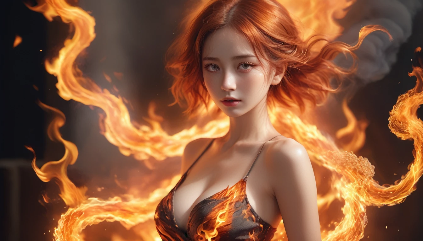 (photorealistic:1.5), (masterpiece, 8k raw photo, best quality:1.4),8k,Beautifully detailed delicate face, beautiful detailed delicate eyes, perfect facial proportions, high-detailed skin,Composed of fire elements,(1个Giant Breast Girl:1.2),on fire,transparency,firey,(Molten rock),Flame skin,Flame print,fiery hair,smokes,clouds,Chopping,,A girl wrapped in flames, ((whole body, including legs)),((Standing)),(open thighs),(open legs), the flames soar and emit sparks,Burning hands,Translucent luminescence,
