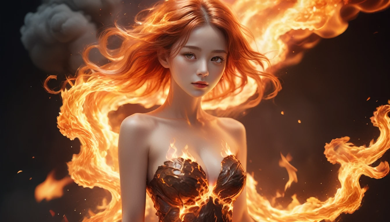 (photorealistic:1.5), (masterpiece, 8k raw photo, best quality:1.4),8k,Beautifully detailed delicate face, beautiful detailed delicate eyes, perfect facial proportions, high-detailed skin,Composed of fire elements,(1个Giant Breast Girl:1.2),on fire,transparency,firey,(Molten rock),Flame skin,Flame print,fiery hair,smokes,​​clouds,Chopping,,A girl wrapped in flames, ((whole body, including legs)),((Standing)),(open thighs),(open legs), the flames soar and emit sparks,Burning hands,Translucent luminescence,