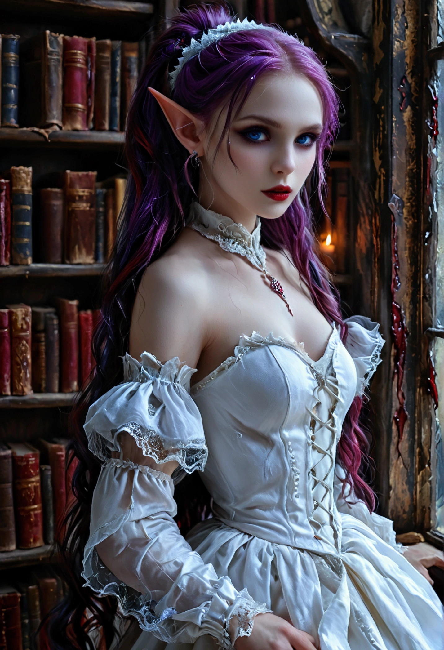 arafed a picture of elf vampire in her castle. an exquisite beautiful female elf vampire (ultra details, Masterpiece, best quality), bloody mouth, purple hair, pale skin, hair in a ponytail, long hair, blue eyes, small pointed ears, cold eyes, smirking, wearing white dress (ultra details, Masterpiece, best quality), red cloak, in dark fantasy library, book shelves, arafed high details, best quality, 16k, [ultra detailed], masterpiece, best quality, (ultra detailed), full body, ultra wide shot, photorealism, RAW, dark fantasy art, gothic art, wearing Haute_Couture designer dress, Dark Novel, Dark Art Painting Style, dripping blood, hud_s1n, short black dress, long sleeves, veil, thighhighs