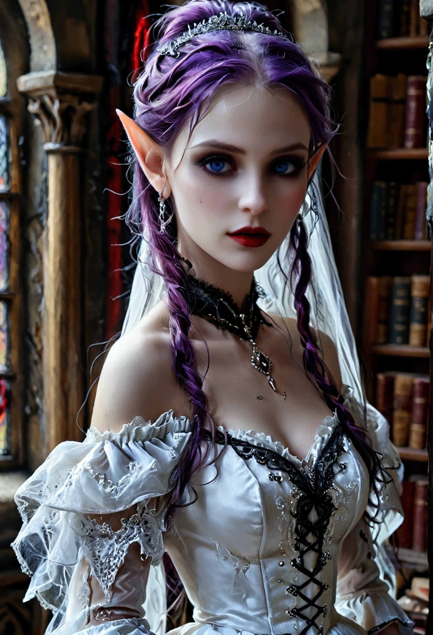 arafed a picture of elf vampire in her castle. an exquisite beautiful female elf vampire (ultra details, Masterpiece, best quality), bloody mouth, purple hair, pale skin, hair in a ponytail, long hair, blue eyes, small pointed ears, cold eyes, smirking, wearing white dress (ultra details, Masterpiece, best quality), red cloak, in dark fantasy library, book shelves, arafed high details, best quality, 16k, [ultra detailed], masterpiece, best quality, (ultra detailed), full body, ultra wide shot, photorealism, RAW, dark fantasy art, gothic art, wearing Haute_Couture designer dress, Dark Novel, Dark Art Painting Style, dripping blood, hud_s1n, short black dress, long sleeves, veil, thighhighs