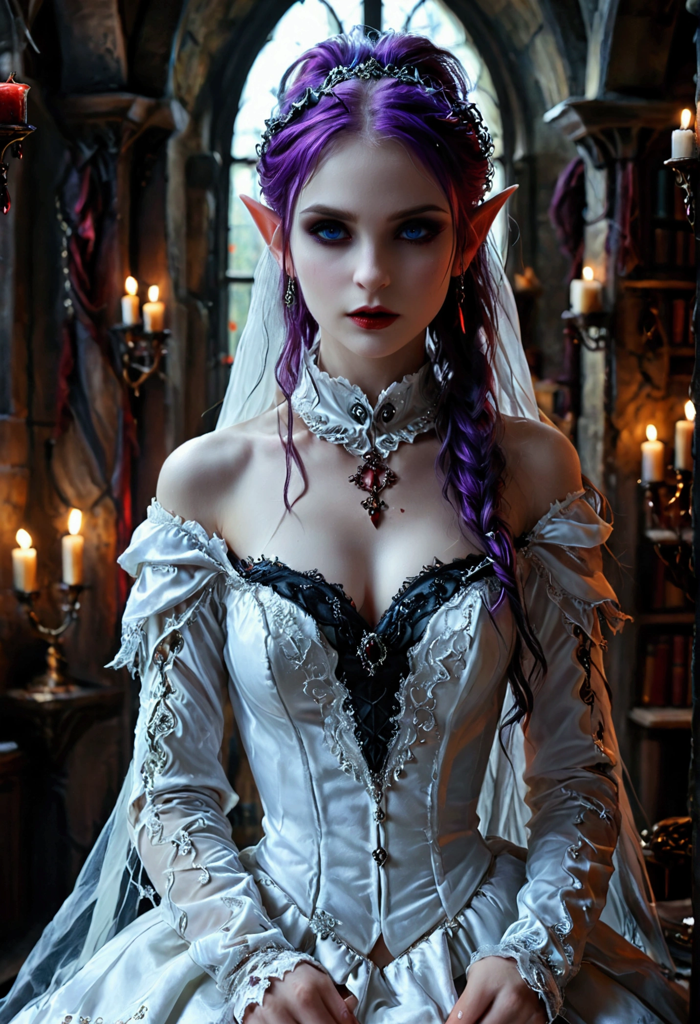 arafed a picture of elf vampire in her castle. an exquisite beautiful female elf vampire (ultra details, Masterpiece, best quality), bloody mouth, purple hair, pale skin, hair in a ponytail, long hair, blue eyes, small pointed ears, cold eyes, smirking, wearing white dress (ultra details, Masterpiece, best quality), red cloak, in dark fantasy library, book shelves, arafed high details, best quality, 16k, [ultra detailed], masterpiece, best quality, (ultra detailed), full body, ultra wide shot, photorealism, RAW, dark fantasy art, gothic art, wearing Haute_Couture designer dress, Dark Novel, Dark Art Painting Style, dripping blood, hud_s1n, short black dress, long sleeves, veil, thighhighs