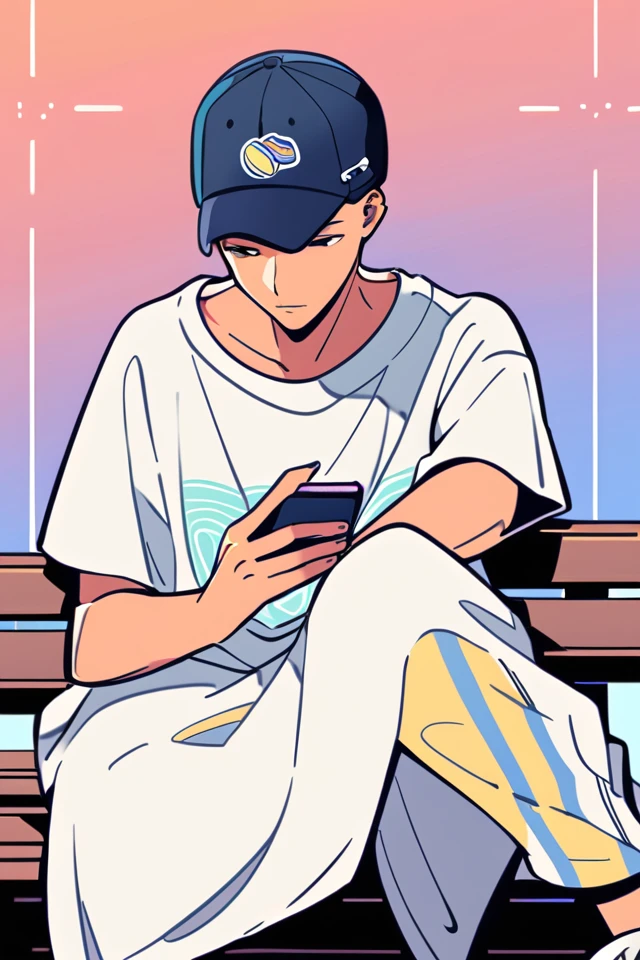 Create a detailed anime illustration of a boy with short hair in a casual streetwear outfit. He should be wearing a baseball cap, baggy pants, and a graphic t-shirt. He is seated on a bench, holding a mobile phone, with a serene expression. Use a two-tone pastel background to highlight the modern and minimalist setting.