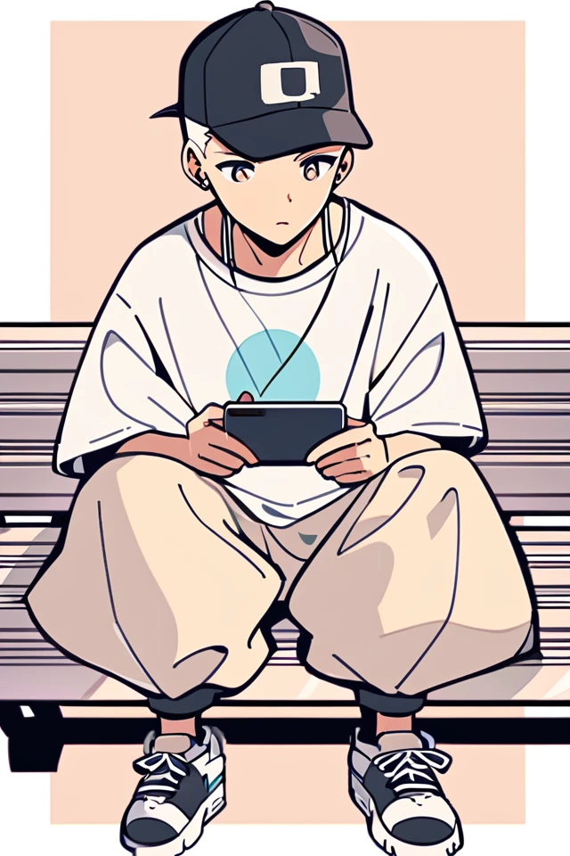 Create a detailed anime illustration of a boy with short hair in a casual streetwear outfit. He should be wearing a baseball cap, baggy pants, and a graphic t-shirt. He is seated on a bench, holding a mobile phone, with a serene expression. Use a two-tone pastel background to highlight the modern and minimalist setting.