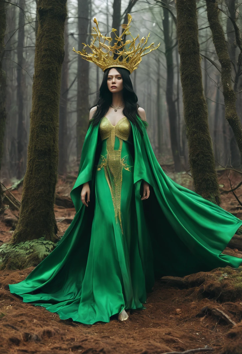 a dark sect in the forest, with a goddess with a diamond crown and a woman levitating, green clothes with golden gold, the destroyed trees