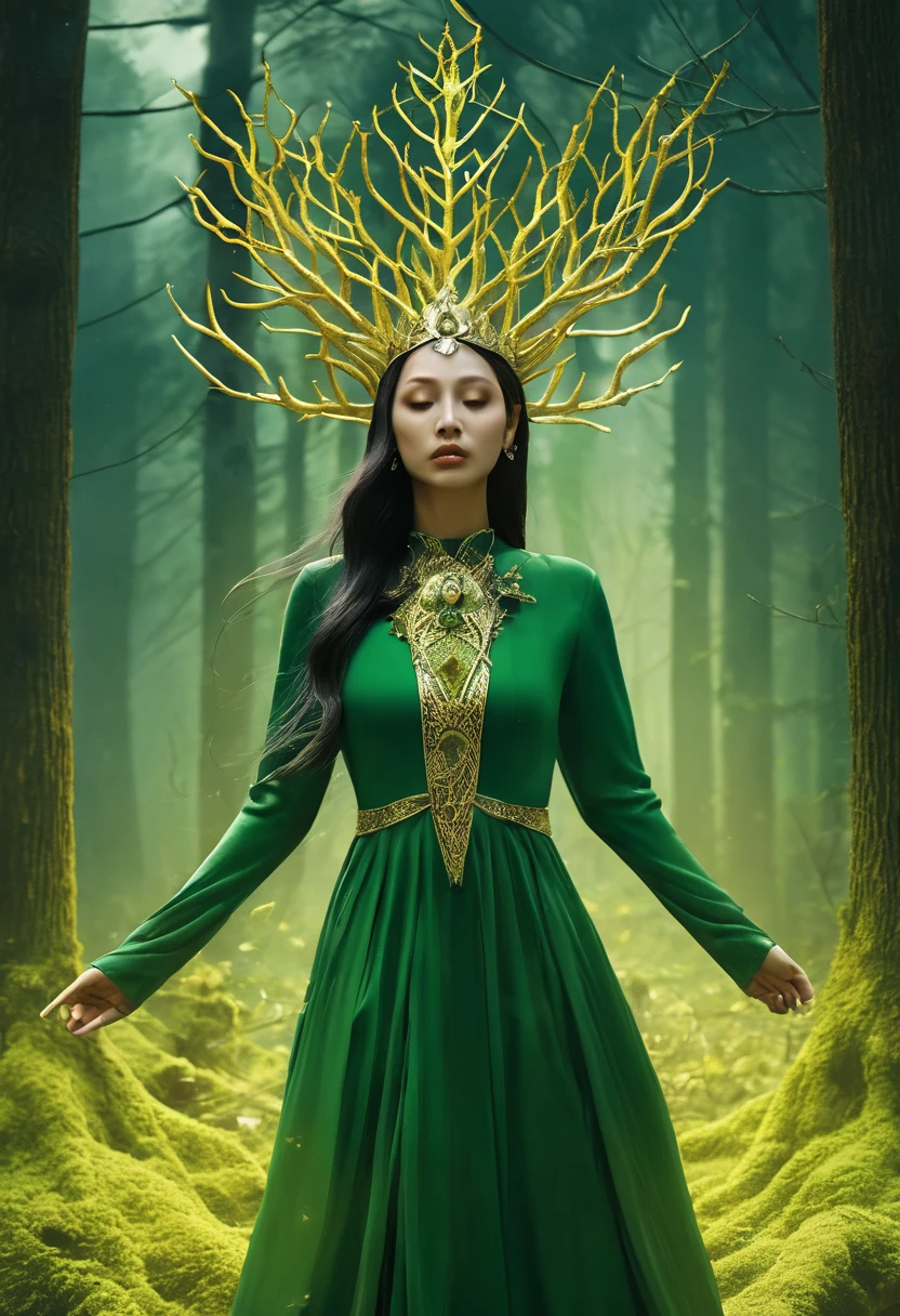a dark sect in the forest, with a goddess with a diamond crown and a woman levitating, green clothes with golden gold, the destroyed trees