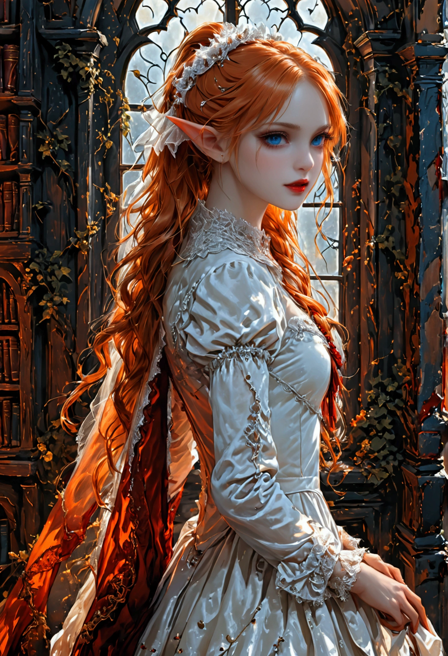 arafed a picture of elf vampire in her castle. an exquisite beautiful female elf vampire (ultra details, Masterpiece, best quality), bloody mouth, orange hair, pale skin, hair in a ponytail, long hair, blue eyes, small pointed ears, cold eyes, smirking, wearing white dress (ultra details, Masterpiece, best quality), red cloak, in dark fantasy library, book shelves, arafed high details, best quality, 16k, [ultra detailed], masterpiece, best quality, (ultra detailed), full body, ultra wide shot, photorealism, RAW, dark fantasy art, gothic art, wearing Haute_Couture designer dress, Dark Novel, Dark Art Painting Style, dripping blood, hud_s1n, short black dress, long sleeves, veil, thighhighs