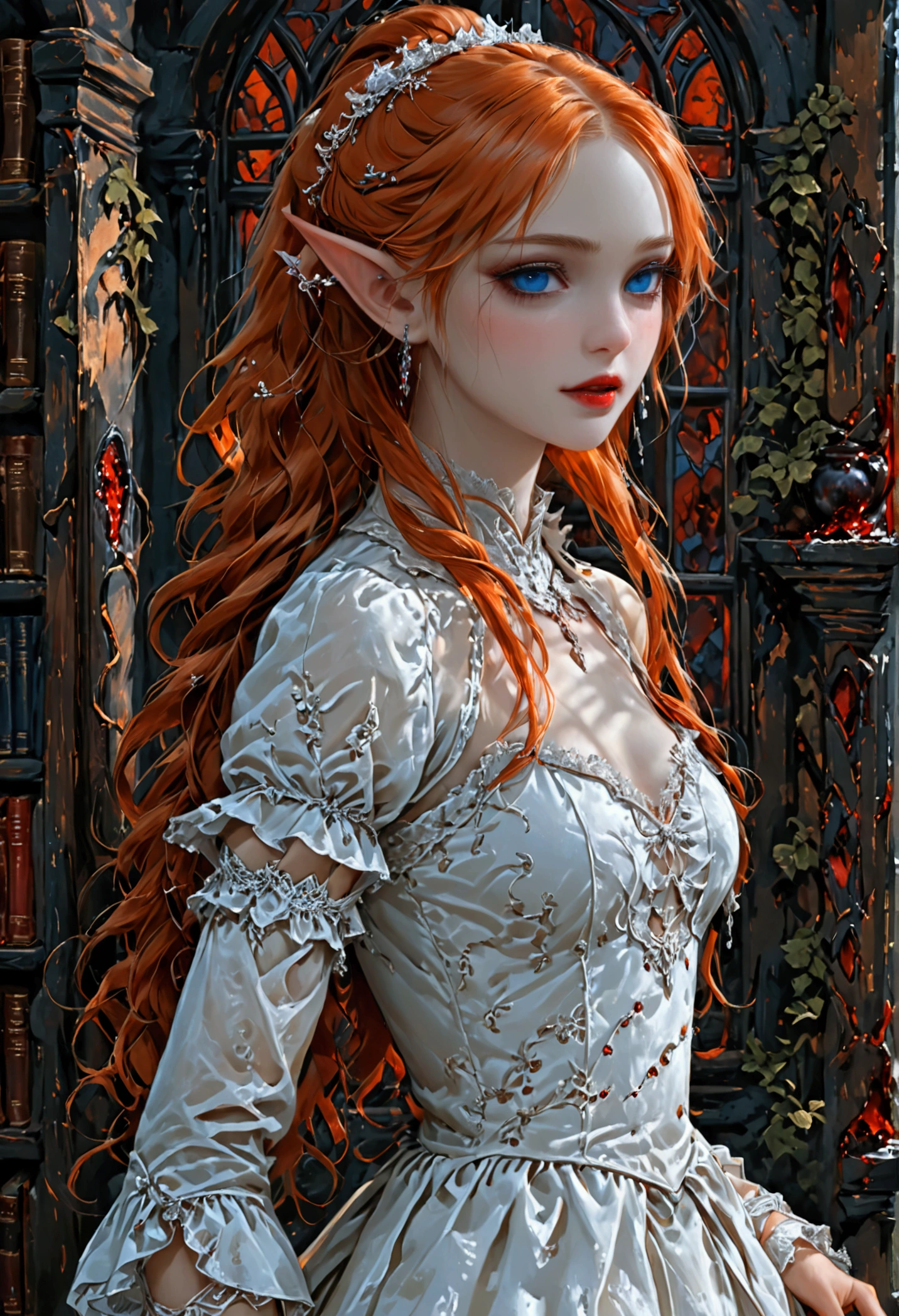 arafed a picture of elf vampire in her castle. an exquisite beautiful female elf vampire (ultra details, Masterpiece, best quality), bloody mouth, orange hair, pale skin, hair in a ponytail, long hair, blue eyes, small pointed ears, cold eyes, smirking, wearing white dress (ultra details, Masterpiece, best quality), red cloak, in dark fantasy library, book shelves, arafed high details, best quality, 16k, [ultra detailed], masterpiece, best quality, (ultra detailed), full body, ultra wide shot, photorealism, RAW, dark fantasy art, gothic art, wearing Haute_Couture designer dress, Dark Novel, Dark Art Painting Style, dripping blood, hud_s1n, short black dress, long sleeves, veil, thighhighs