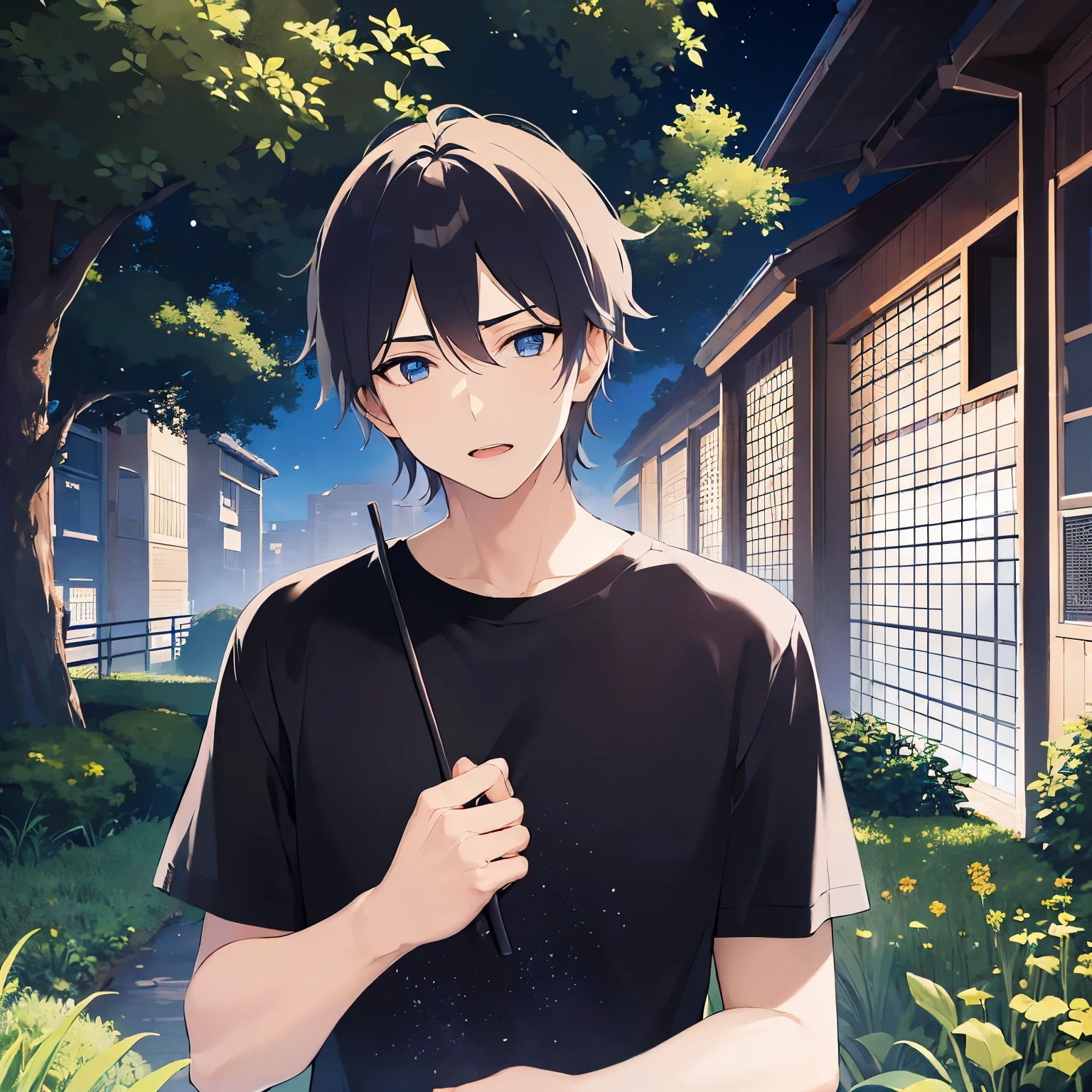 (25-year-old male:1.5) and (blackのショートヘア) and (blue eyes) (black:1.5) and (T-Shirts:1.5),(avert your eyes:1.5),Upper Body、Side shot、Hands are out in front、Glowing Skin, masterpiece、Highest quality,Surprised expression,(Night Park:1.5)、（Night Sky：1.5）、(Grass:1.3),(alone:1.5)