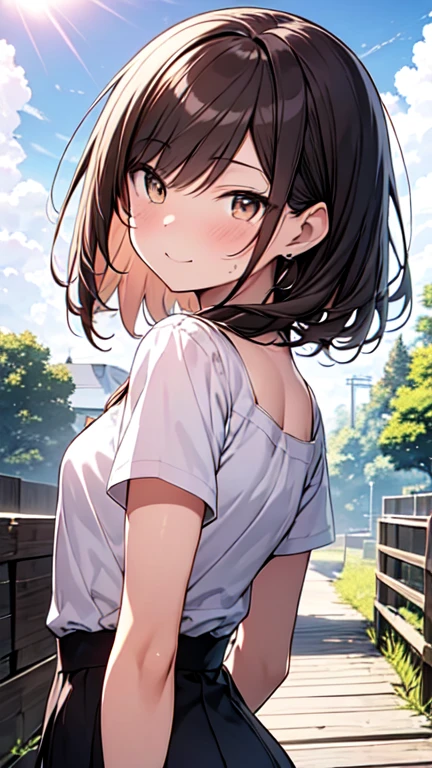 (((Let's think step by step))),Highest quality, masterpiece, Ultra-high resolution, 8k,Show anime style ,Soft Line Art, Digital Enhancement, shojo anime touch, shojo manga core, Flowing fabric, close, Soft Drawing, Ultra-Definition Digital Anime Art, Clear facial depiction, Super detailed girl cartoon character art, Ultra-detailed manga style, Highest qualityの色, (((１People Women))),(A woman with short brown hair),Beautiful brown hair, (((Clear brown eyes))), Slightly chubby,Small breasts,The butt is small,in the forest,White summer clothes,Sunshine shining through the gaps in the clouds,Looking up at the sky,The sunshine hits my face,dazzling,Block the sunlight with your right hand,Bright expression,A kind smile,Angle that allows you to see all the way to your toes
