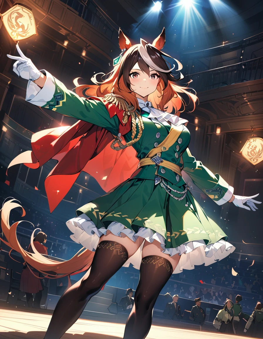 (8k, RAW photo, highest quality, masterpiece), (solo, 1 girl, ahoge: 1.2), ink painting, Uma Musume, shine, horse ears, horse tail, Uma Musume, 5 fingers, dynamic lighting, High resolution, sharp focus, depth of field, fashionable, elegance, charming, seductive, gorgeous, stunning, beautiful, charming, cute, beautiful detailed face, beautiful detailed eyes, soft expression, slim beautiful figure, Curvy, hourglass shape, large bust, slender arms, graceful hands, delicate fingers, slender wrists, elegant neck, smooth skin, dynamic angles, perfect composition, Perfect anatomy, natural fingers, 5 fingers,((symboli rudolf \(umamusume\),full body, smile, Looking forward, stage, indoors, dancing,white gloves, black thighhighs, white ascot, red cape, single epaulette, long sleeves, green jacket, frills, medal, jewelry, green skirt, buttons,