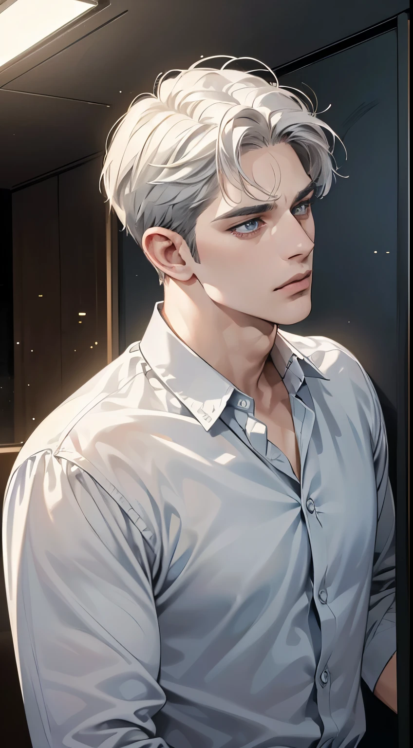 (best quality, masterpiece, 8K, photorealistic, cinematic lighting, hdr image, ultra detailed, beautiful image), 1 man, 31 years old, mature man, very handsome, (without expression, serious), short white hair, blue grey eyes ( penetrating gaze), perfect face without errors, imposing posture, without errors, businessman, office background