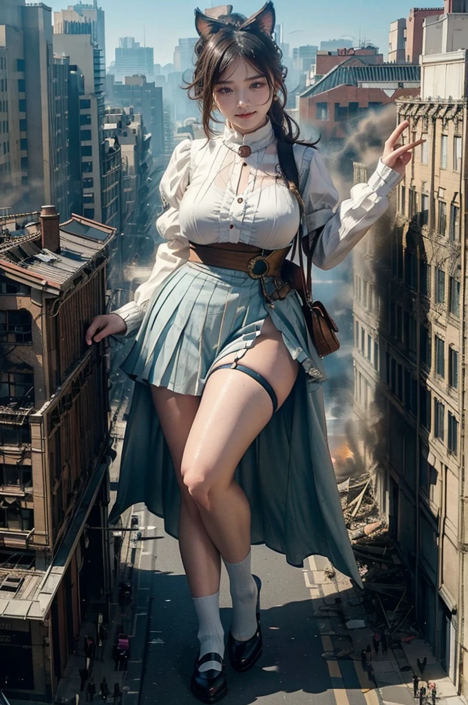 Fisheye Lens、looking at the camera、steampunk、Standing on top of a ruined building、Big building explosion、The building collapses、Urban hustle and bustle、Traffic jam、City of Rubble、street tree、Car and bus、truck、taxi、City boulevard、Pedestrian bridge、Streetcar route、((((Azur Lane Cheshire Cosplay))))、Frilled maid outfit、（(Super huge breasts)）、（(Plump thighs)）、Ground View，City of Giants,500 foot tall giant girl，skyscraper,Has super long legs,Step into the crowd，There are many people on the street,Knee-high socks、loafers，A happy look，Standing on the ruins，Beautiful appearance，Exquisite makeup，quality，8k，高quality，Perfect Proportions, Cinema Lighting，Film Grain，The Colors of Fuji，8k，Textured skin，Super Detail，High detail，high quality，High resolution，explode，False Smile、Reaching out