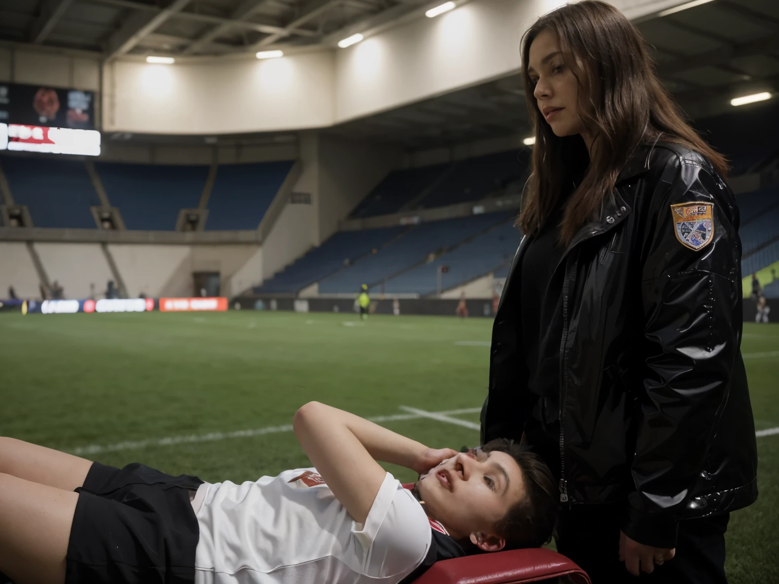 there is an injured man soccer player on a stretcher, a man soccer player injured after a foul, a highly attractive middle-aged woman wearing a high-gloss patent leather jacket, a long-haired middle-aged woman wears a high-gloss down jacket, A middle-aged woman in a shiny down jacket carries a stretcher on a sports field, sad scene, very sad, football hooligans, clip stadio, person in foreground, over-shoulder shot, intense scene, real shot, von Francesco Raibolini, dramatic scene, aesthetic shot, on ground, a long-shot, dramatic shot, breathtaking shot, realistic shot, candid shot