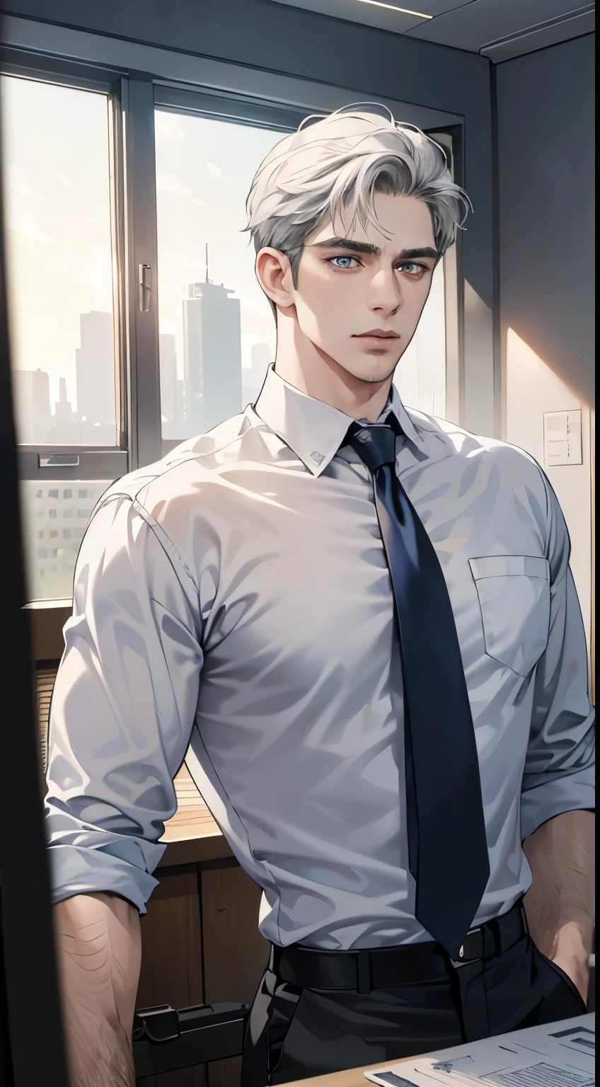 (best quality, masterpiece, 8K, photorealistic, cinematic lighting, hdr image, ultra detailed, beautiful image), 1 man, 31 years old, mature man, very handsome, (without expression, serious), short white hair, blue grey eyes ( penetrating gaze), perfect face without errors, imposing posture, without errors, businessman, office background