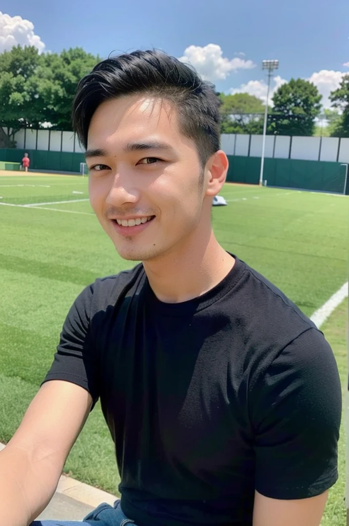 ((realistic daylight)) , Young Korean man in a simple black t-shirt only, no pattern, and jeans., A handsome, muscular young Asian man looks at the camera. , in the football field ,turn sideways, smile