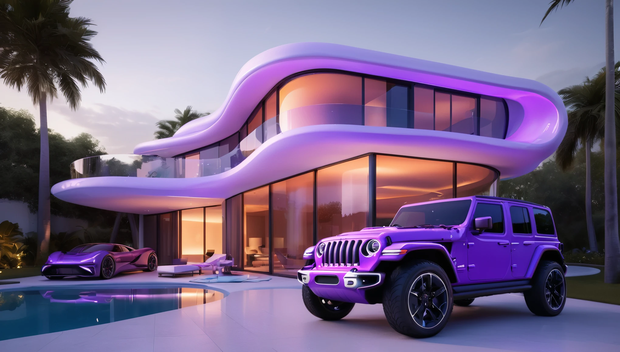 a futuristic house with a floresent purple jeep wrangler parked in front of it, cgsocietywlop, beautiful curves, intricate devilish designs, qualia, interesting shapes & form, wow factor, elaborate polished, bioluminescent, colorfull, glow, fluid, architectural rendering, miami, orange soft lighting in interior of house, futuristic battlefield, inspired by James E. Brewton, precise architectural rendering
