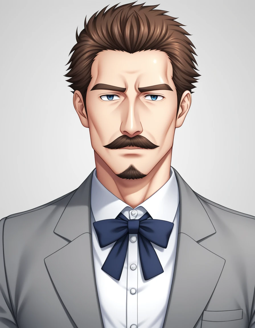 1man, mature male, parted bangs, medium-short hair, brown hair, muscular male celeb, short goatee, short mustache, indigo eyes, gentleman, elegant netori male, BREAK solo, white collared shirt, gray trench coat, black neck ribbon, in gentle sasaki style, visual novel, 2010s, extreme all detailed, masterpiece, best quality