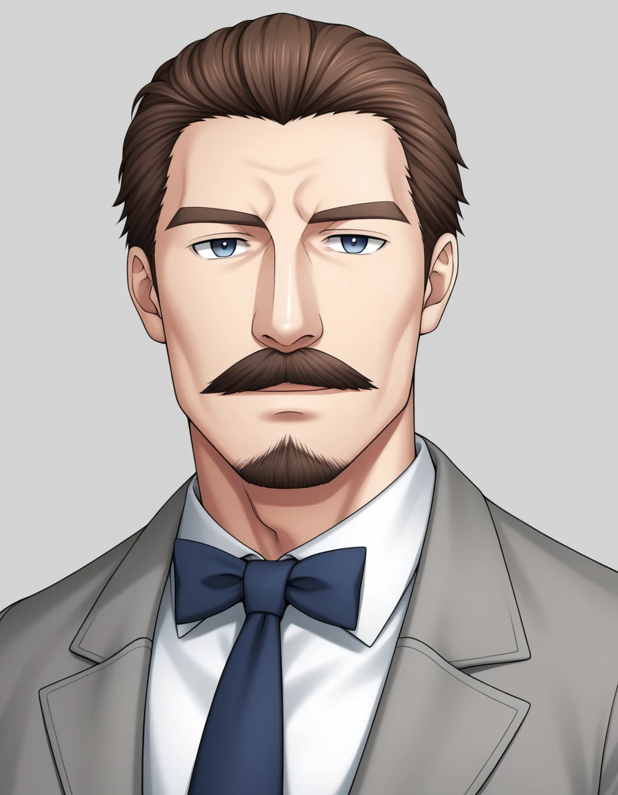 1man, mature male, parted bangs, medium-short hair, brown hair, muscular male celeb, short goatee, short mustache, indigo eyes, gentleman, elegant netori male, BREAK solo, white collared shirt, gray trench coat, black neck ribbon, in gentle sasaki style, visual novel, 2010s, extreme all detailed, masterpiece, best quality