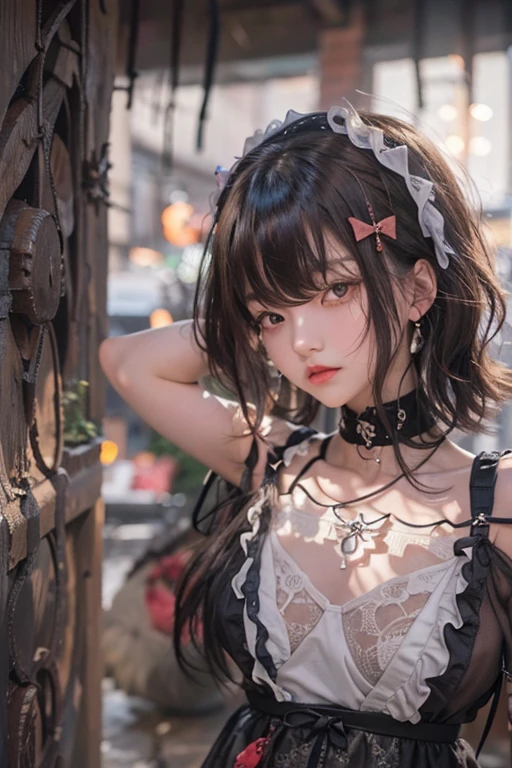 ((Upper Body))、((One Girl))、(20th Generation)、((Very short hair))、((Straight bangs))、((Black-haired))、(Take in the view)、Gothic Lolita、((Black maid outfit))、(Eye patch for left eye)、(Realistic:1.2)、In 8K、(High Quality Shadows)、Beautiful and delicate face、Beautiful and delicate eyes、Cute K-pop Idol、(The Face of Ulzan in Korea)、(Urzan-6500-v1.1:0.6)、Glowing Eyes、Perfect body、Natural color reproduction、((Strong light))、Bright red lipstick、(choker)、((Brown eyes))、Shiny Hair、Description of beautiful and delicate hair、(Glowing Skin)、(night)、Japanese、(dark alley between buildings)、Street lamp、Shoulder Bare、Small red rose tattoo on the décolletage、