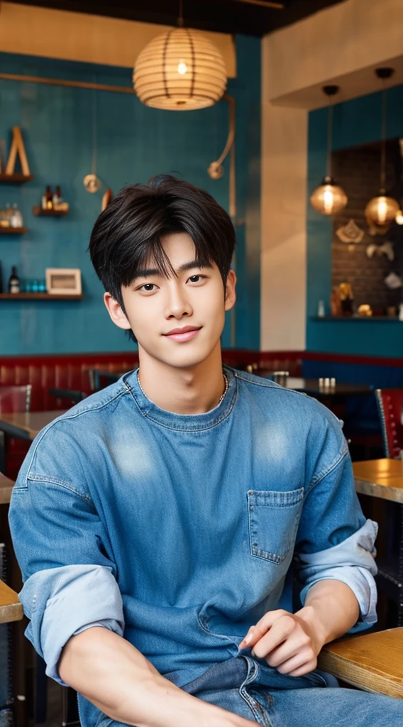 ((realistic daylight)) , Young Korean man in a blue t-shirt Denim shirt, jeans, A handsome, muscular young Asian man looks at the camera. , in the restaurant ,turn sideways
