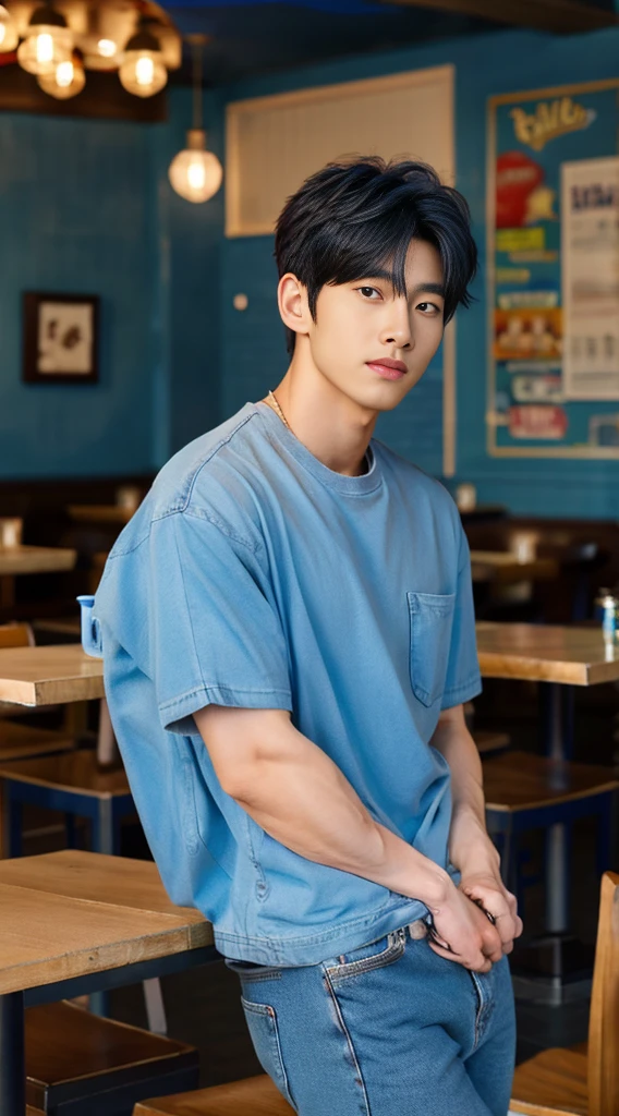 ((realistic daylight)) , Young Korean man in a blue t-shirt Denim shirt, jeans, A handsome, muscular young Asian man looks at the camera. , in the restaurant ,turn sideways