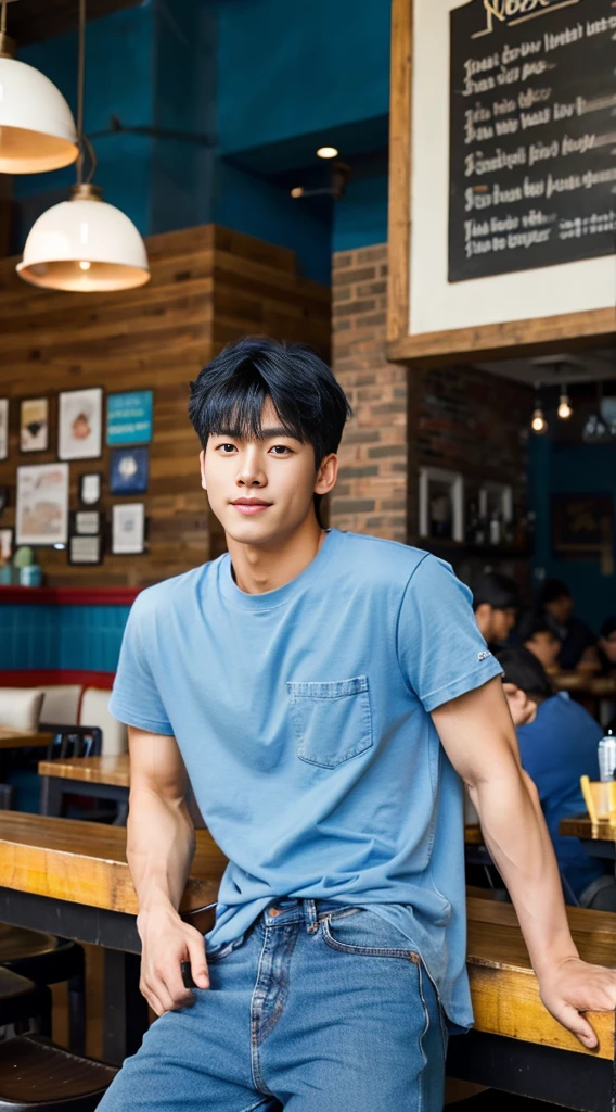((realistic daylight)) , Young Korean man in a blue t-shirt Denim shirt, jeans, A handsome, muscular young Asian man looks at the camera. , in the restaurant ,turn sideways