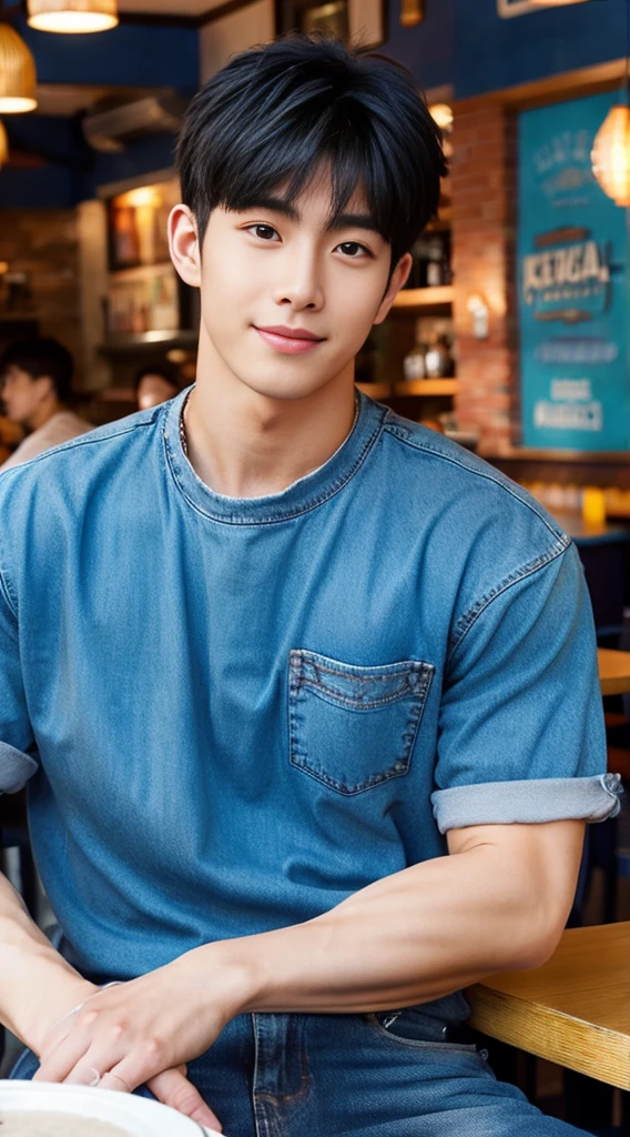 ((realistic daylight)) , Young Korean man in a blue t-shirt Denim shirt, jeans, A handsome, muscular young Asian man looks at the camera. , in the restaurant ,turn sideways
