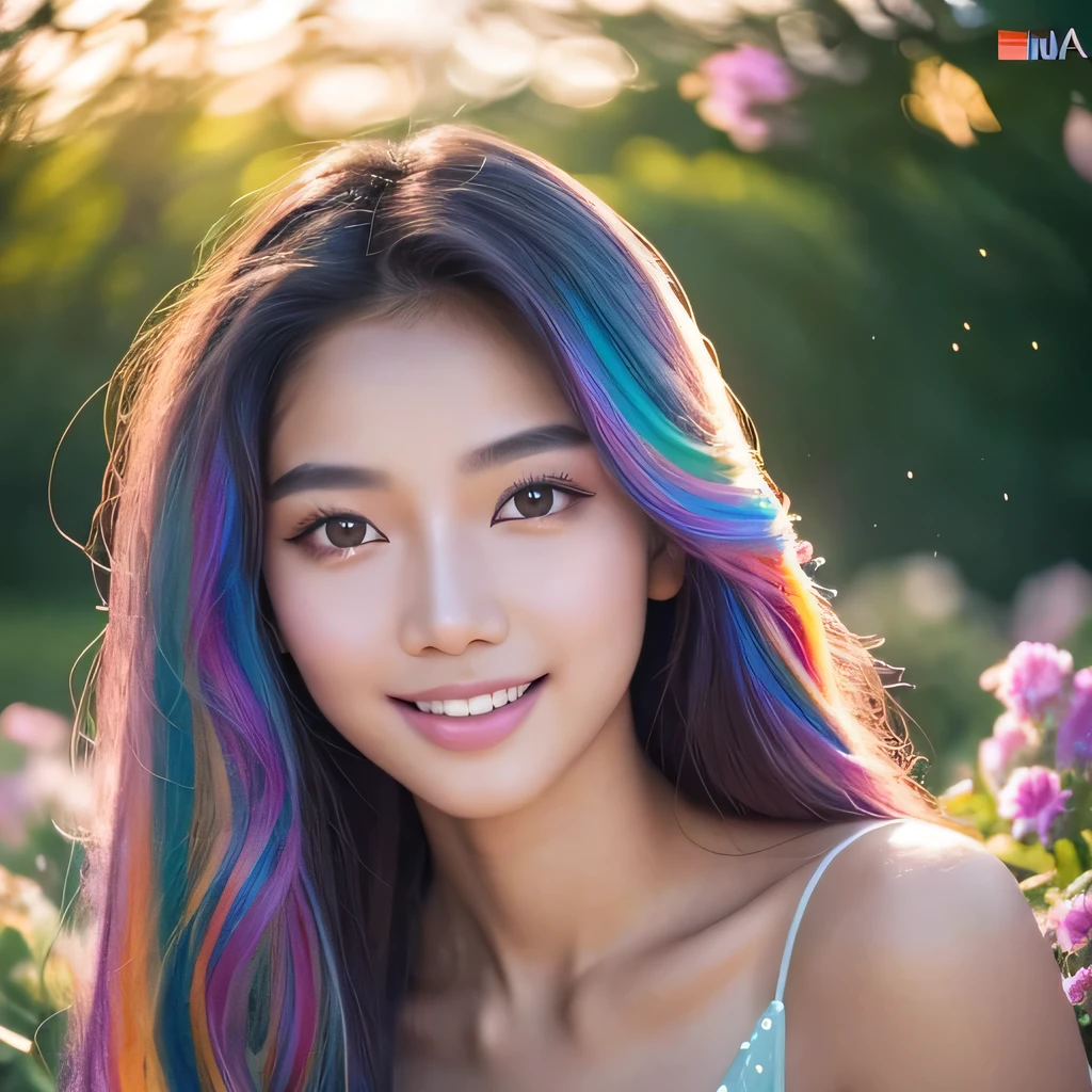 close up portrait of young Thai woman with vibrantblowing hair and mesmerizing eyes, wearing a mermaid dress, fresh smile in a serene garden filled with blooming flowers, a representation of beauty and grace, charming, cute, beautiful, ultra detailed, dream like shot, 8k, sunset,((holographic))), (((rainbowish))), expressive, cinematic, dynamic pose,midjourney