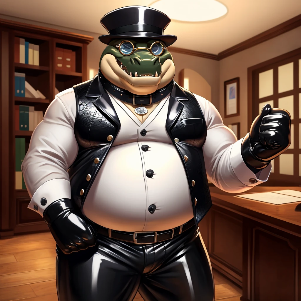 Solo, Male, fat, extremely obese, gentleman, dapper Professor Crocodile, mob boss, blue eyes, (posing:1.3), (soft shading), 4k, hi res, ((detailed face, detailed)), looking at viewer, mouth wide open, dapper clothing, collared shirt with buttons, bowler hat, male focus, Explorer Outfit, glasses, monocle, vest with buttons, sleeves rolled up, round eyewear, brown headwear, brown vest, office, Crocodile is wearing a glossy leather dog collar around the neck, Crocodile is wearing the leather collar and shirt and vest at the same time, Crocodile is wearing glossy white rubber gloves on the hands, wearing white rubber gloves on the feet, gloves are rubber in texture, clenching teeth, clenching fists, leather collar is glossy and shiny with a lot of detail, Crocodile is wearing gloves and leather collar at the same time, leather collar has a round dog-tag, leather collar is thick and detailed, leather collar is glossy and shiny, fancy clothing, dapper vest, dapper shirt, leather collar is thick, glossy leather collar.