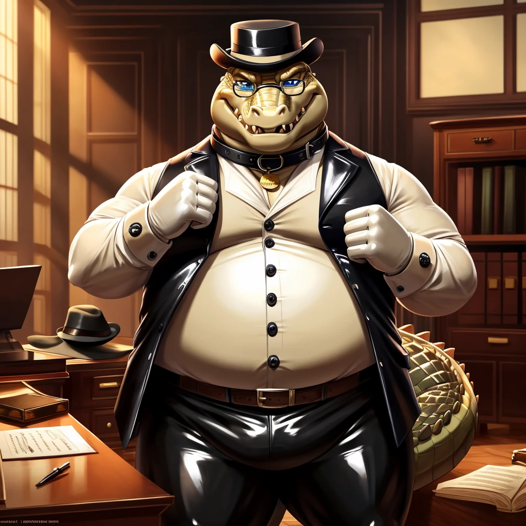 Solo, Male, fat, extremely obese, gentleman, dapper Professor Crocodile, mob boss, blue eyes, (posing:1.3), (soft shading), 4k, hi res, ((detailed face, detailed)), looking at viewer, mouth wide open, dapper clothing, collared shirt with buttons, bowler hat, male focus, Explorer Outfit, glasses, monocle, vest with buttons, sleeves rolled up, round eyewear, brown headwear, brown vest, office, Crocodile is wearing a glossy leather dog collar around the neck, Crocodile is wearing the leather collar and shirt and vest at the same time, Crocodile is wearing glossy white rubber gloves on the hands, wearing white rubber gloves on the feet, gloves are rubber in texture, clenching teeth, clenching fists, leather collar is glossy and shiny with a lot of detail, Crocodile is wearing gloves and leather collar at the same time, leather collar has a round dog-tag, leather collar is thick and detailed, leather collar is glossy and shiny, fancy clothing, dapper vest, dapper shirt, leather collar is thick, glossy leather collar.