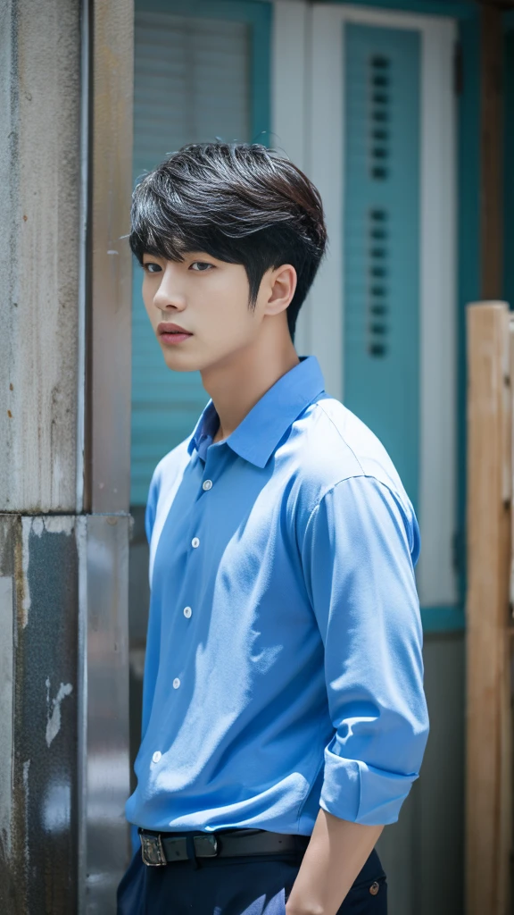 Asian alpha male in blue shirt looking at camera, Shin Jinying, Kim Do-young, Paint Ulzzang, Shen Quanrui, korean men, Shin Jin Young's Aesthetics, faceเกาหลีที่น่ารัก, handsome young man'face, Jaeyong Nam, beautiful eyes、Kim Taejoon, Hyungtae, Inspiration from Jong Suk Lee, Avatar, Korean artist, Jung Jae Hyo