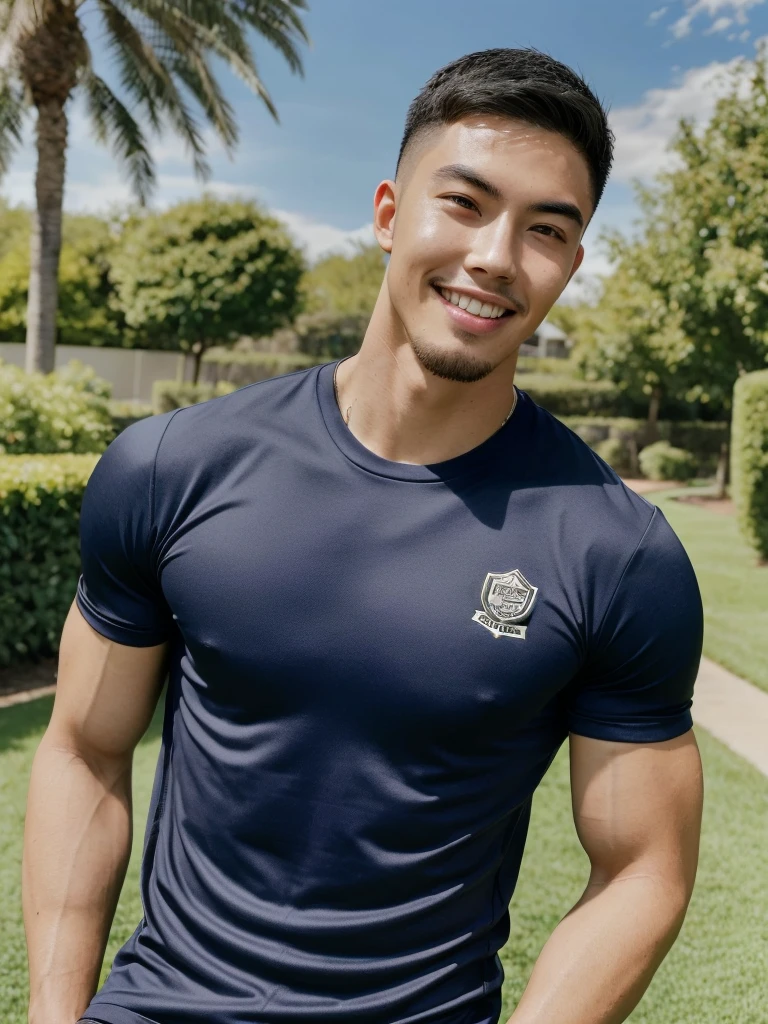 Tony Labrusca, (As a matter of fact, Masterpiece, 8k HD, good light quality, sportswear, fit the face, complicated details), A handsome, muscular young Korean man. , 20 years old, be happy, smile brightly, detailed face, delicate eyes, มองดูsky, Wear a tight blue t-shirt., period, black eyes, Black hair color, ผมsmooth, smooth, outdoor sports, Along the garden, Sunny,sky，Surreal，Superb details，Highest quality，real，