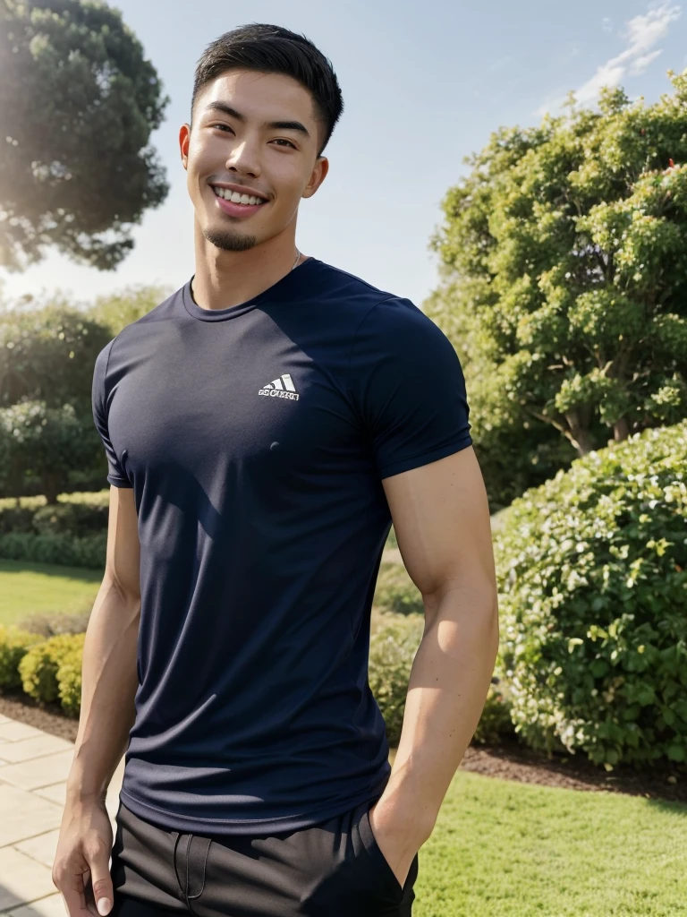 Tony Labrusca, (As a matter of fact, Masterpiece, 8k HD, good light quality, sportswear, fit the face, complicated details), A handsome, muscular young Korean man. , 20 years old, be happy, smile brightly, detailed face, delicate eyes, มองดูsky, Wear a tight blue t-shirt., period, black eyes, Black hair color, ผมsmooth, smooth, outdoor sports, Along the garden, Sunny,sky,Surreal,Superb details,Highest quality,real,