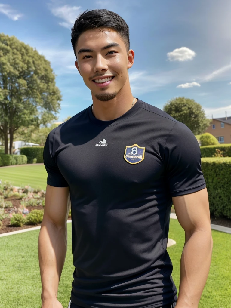 Tony Labrusca, (As a matter of fact, Masterpiece, 8k HD, good light quality, sportswear, fit the face, complicated details), A handsome, muscular young Korean man. , 20 years old, be happy, smile brightly, detailed face, delicate eyes, มองดูsky, Wear a tight blue t-shirt., period, black eyes, Black hair color, ผมsmooth, smooth, outdoor sports, Along the garden, Sunny,sky,Surreal,Superb details,Highest quality,real,
