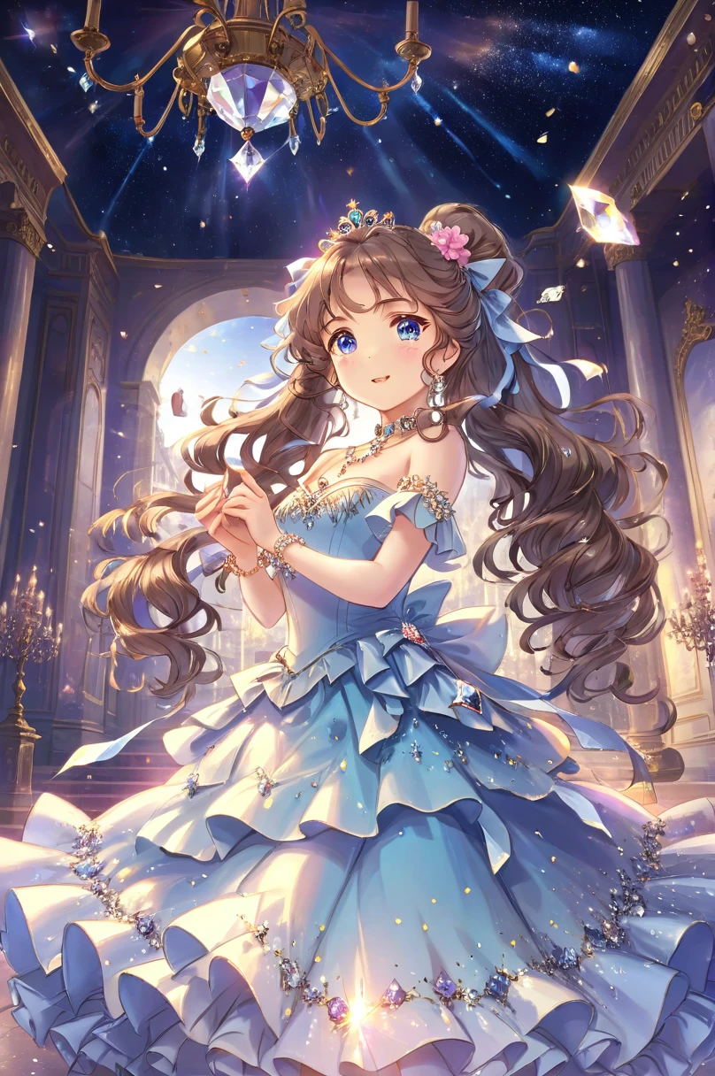 Dramatic composition, Court-style dress, Royal, nice, カスケードFrills, Frills, bow, Crystal Chandelier, Roman Curly Hairstyles, to place, Drill-like double ponytail, Looking at the camera, bangs, Maximalism, Palace-like background, Delicate depiction of hair and eyes, Princess Dress, nice skirts, Flowers in hands, smile, Starry Eyes, Cinematic Light, Extremely detailed, High resolution, Happy girl, Very long hair, diamond, broken diamond, Crystal Fragment, Particles of light