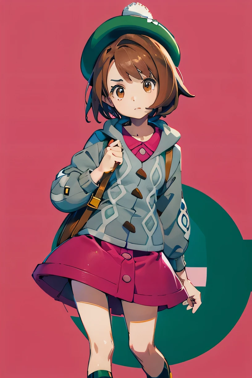 gloria1, 1girl, gloria \(pokemon\), brown hair, solo, brown eyes, tam o' shanter, grey cardigan, pink dress, short hair, green socks, bob cut, bangs, long sleeves, collared dress