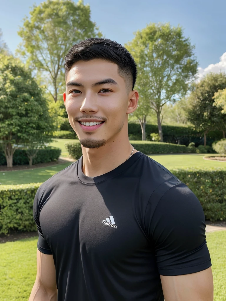 Tony Labrusca, (As a matter of fact, Masterpiece, 8k HD, good light quality, sportswear, fit the face, complicated details), A handsome, muscular young Korean man. , 20 years old, be happy, smile brightly, detailed face, delicate eyes, มองดูsky, Wear a tight blue t-shirt., period, black eyes, Black hair color, ผมsmooth, smooth, outdoor sports, Along the garden, Sunny,sky,Surreal,Superb details,Highest quality,real,