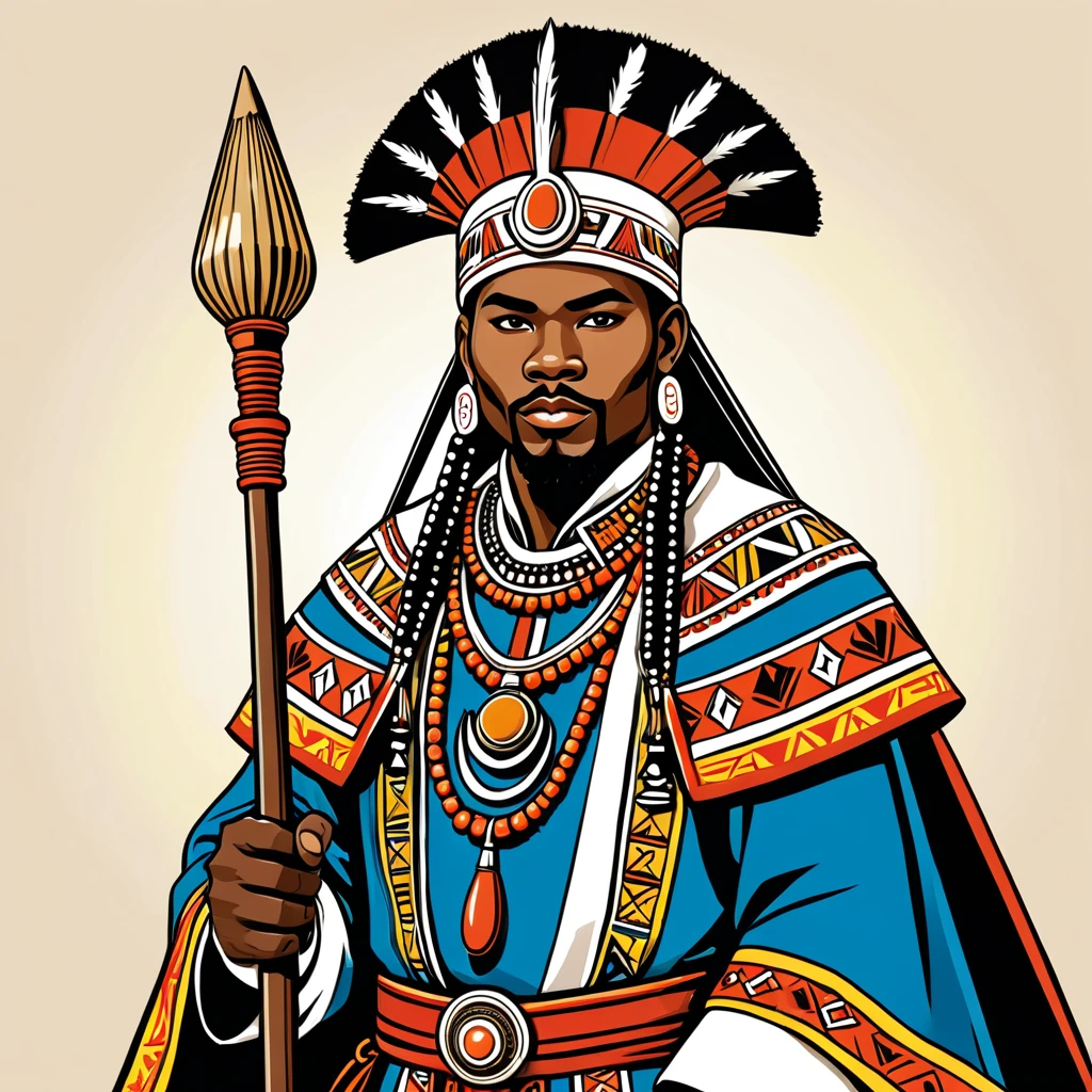 japanese mage in zulu folk outfit, vector graphics, strong contours
