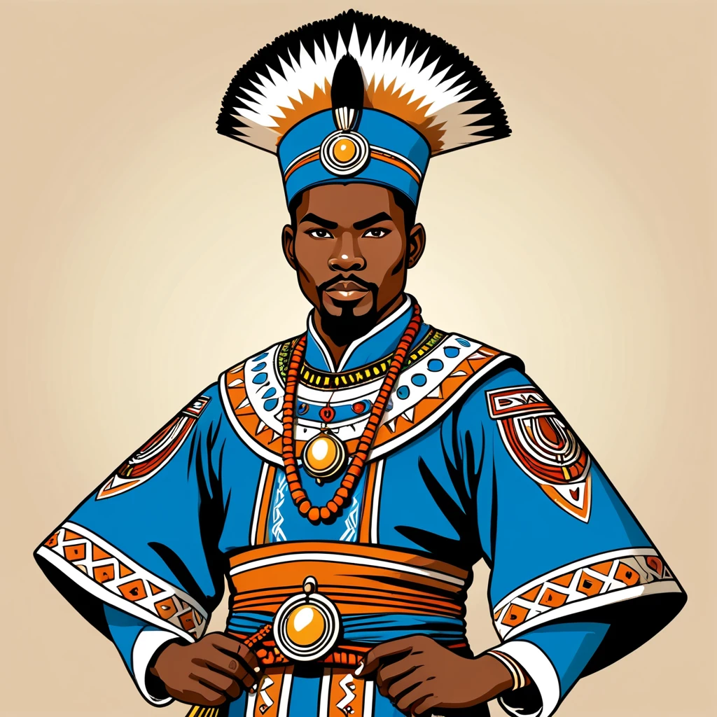 japanese mage in zulu folk outfit, vector graphics, strong contours