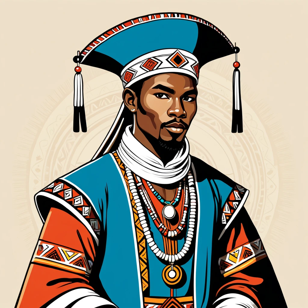 japanese mage in zulu folk outfit, vector graphics, strong contours