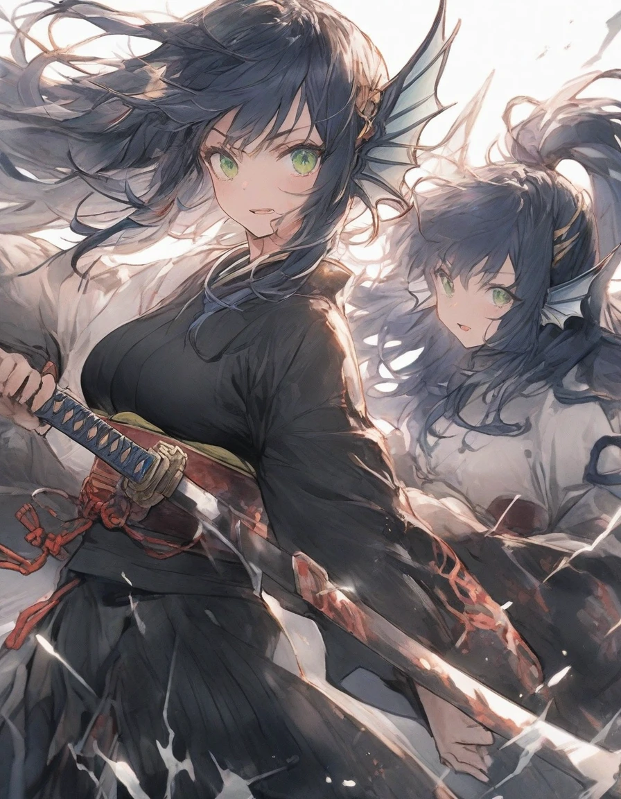 ,(black and white manga style:1.1),snap shot,red katana,fighting stance,(holding huge katana:1.3),,no pattern kimono,(black kimono:1.5),samurai,,,{{{Huge breasts}}},,,,,,long skirt, brooches,Blue brooch,,(dark Blue hair:1.25),gradient_hair,( Green eyes:1.25),hair_ornament detached ,,Very Long Ponytail, poneyTail,, (head fins:1.25),、stormy、lightning bolt,