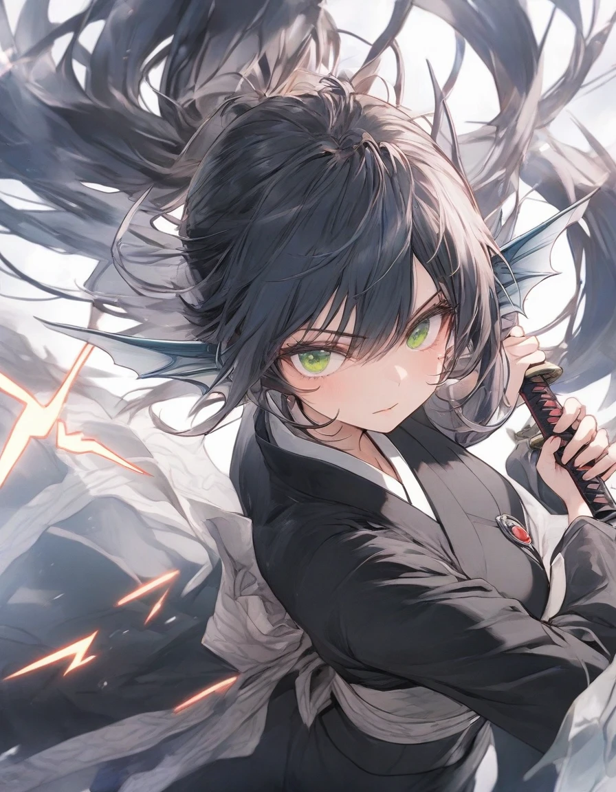 ,(black and white manga style:1.1),snap shot,red katana,fighting stance,(holding huge katana:1.3),,no pattern kimono,(black kimono:1.5),samurai,,,{{{Huge breasts}}},,,,,,long skirt, brooches,Blue brooch,,(dark Blue hair:1.25),gradient_hair,( Green eyes:1.25),hair_ornament detached ,,Very Long Ponytail, poneyTail,, (head fins:1.25),、stormy、lightning bolt,